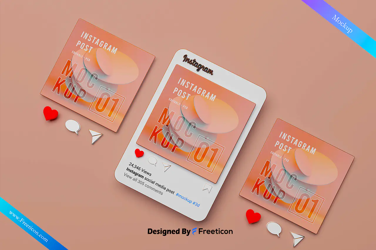 3D Rendered Instagram Post Mockup PSD – Modern Social Media Template