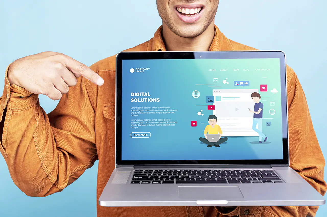 Man Holding Laptop Mockup PSD – Realistic Device Presentation